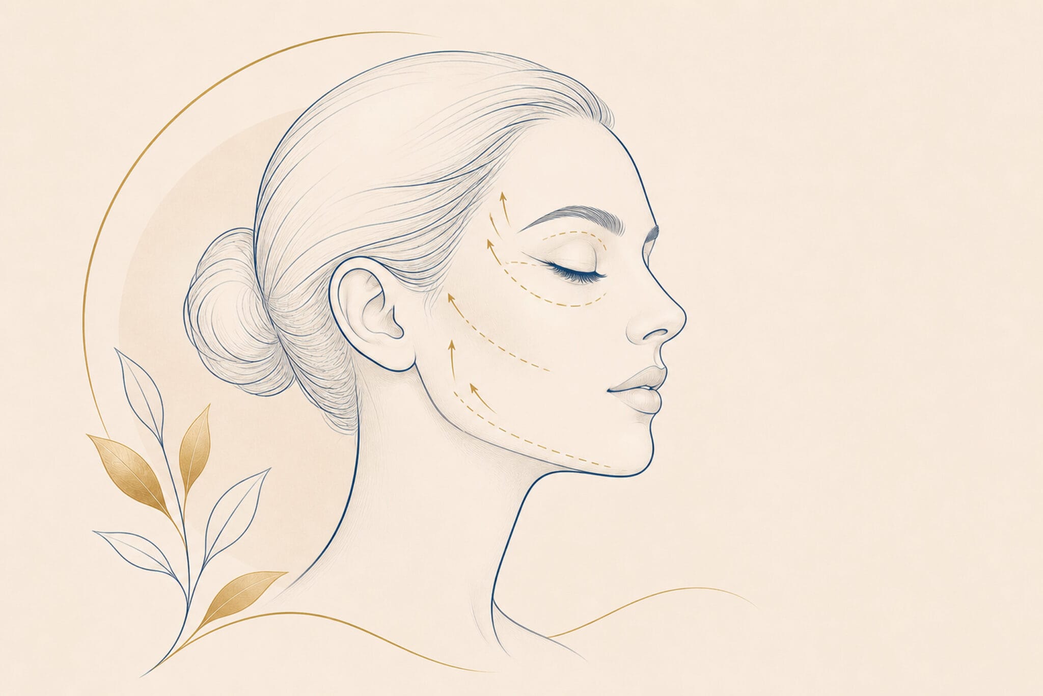 Ilustracja profilu kobiecej twarzy – chirurgia estetyczna twarzy, blefaroplastyka i brow lift