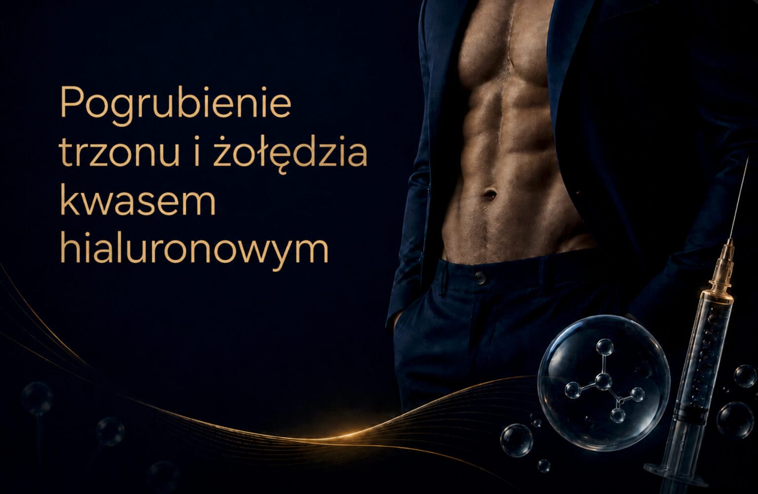 Grafika przedstawiająca zabieg pogrubienia trzonu i żołędzia kwasem hialuronowym w eleganckiej, granatowo-złotej stylistyce Angioestetica.